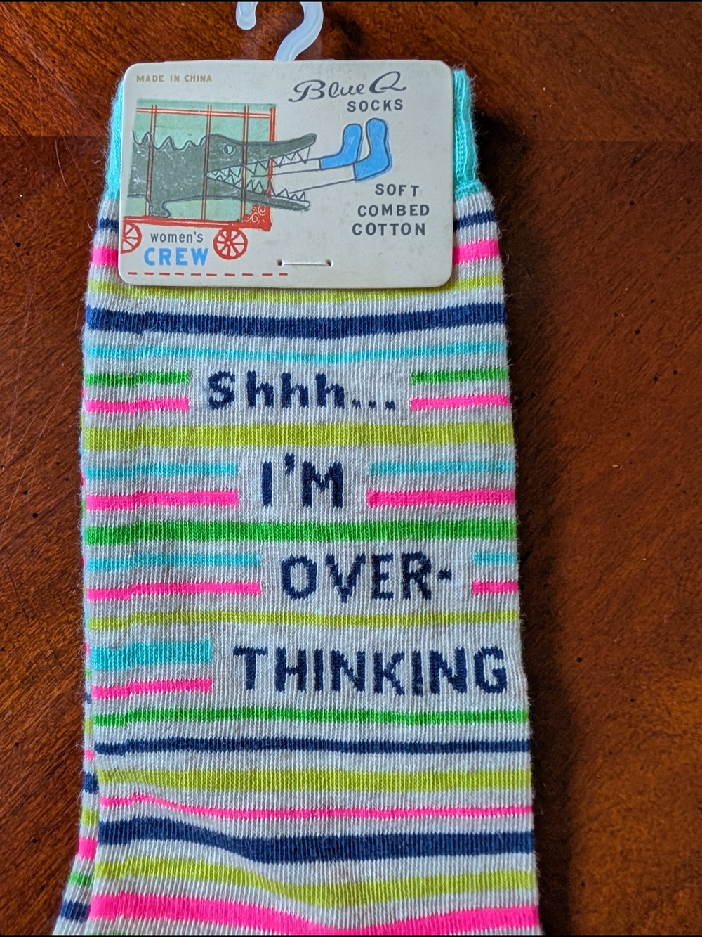 Blue Q Multicolor Striped & Text Crew Socks - Pink, Green, Blue, Yellow - Picture 3 of 10